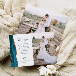 Photo Teal Blue Agate Gold Script Wedding Thank You Card