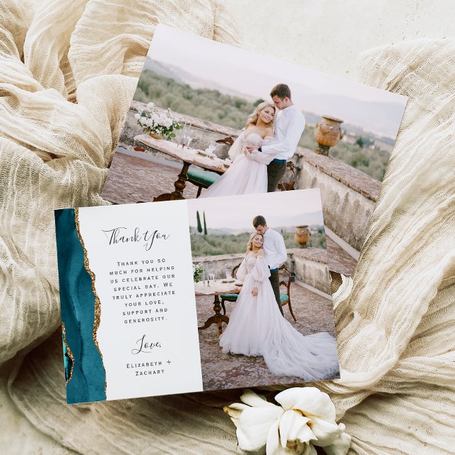 Photo Teal Blue Agate Gold Script Wedding Thank You Card (Creator Uploaded)