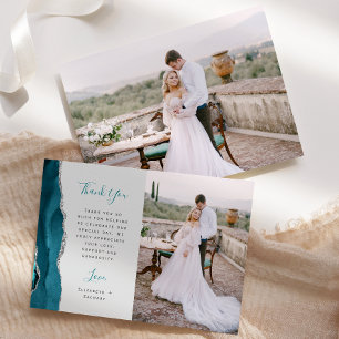 Photo Teal Blue Agate Silver Script Gray Wedding Thank You Card