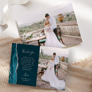 Photo Teal Blue Agate Silver Script Wedding Thank You Card