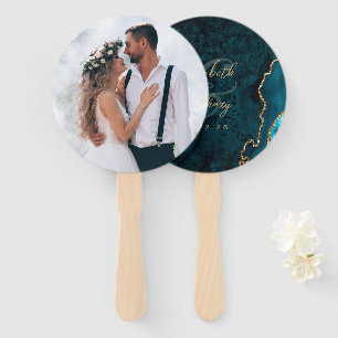 Photo Teal Blue Gold Agate Script Wedding Hand Fan