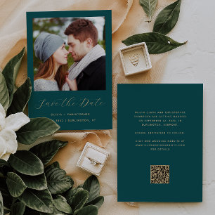 Photo Teal Blue Gold Script QR Code Save The Date