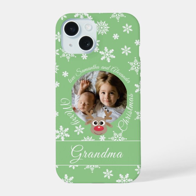 Photo Teal Christmas White Script Cute Reindeer iPhone 15 Case (Back)
