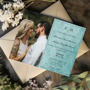Photo Teal Damask Monogram Wedding Invitation
