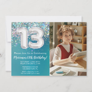 Photo Teal Silver Glitter 13th Birthday Invitation