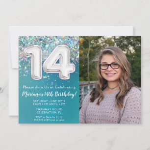 Photo Teal Silver Glitter 14th Birthday Invitation