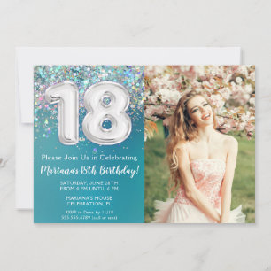Photo Teal Silver Glitter 18th Birthday Invitation