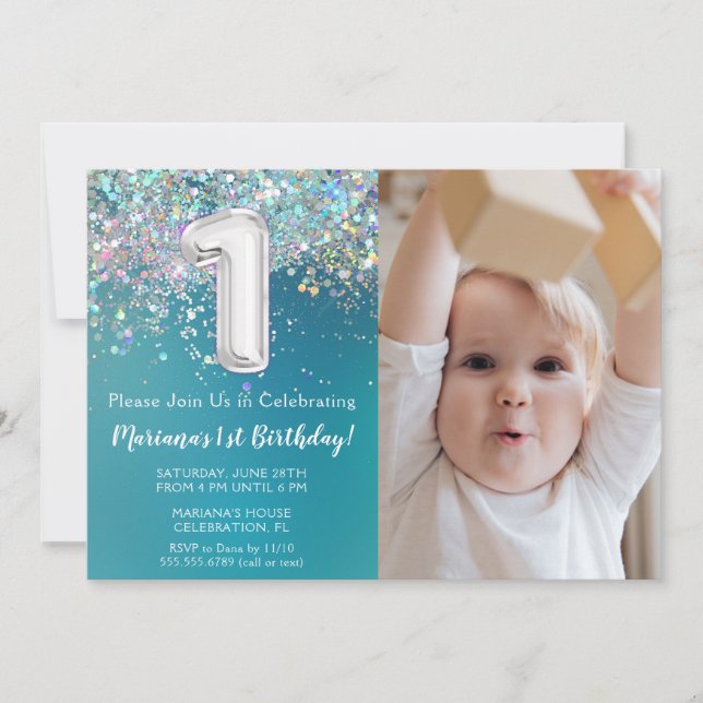 Photo Teal Silver Glitter 1st Birthday Party Invitation (Front)