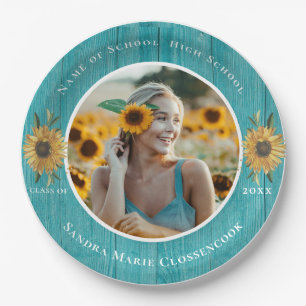  Photo Teal Sunflower Yellow graduation Party  Paper Plate