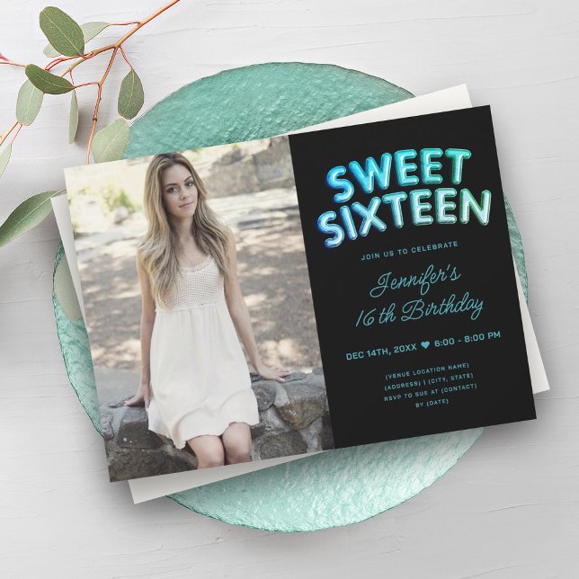 Photo Teal Turquoise Black Balloons Sweet 16  Invitation (Photo Teal Turquoise Black Balloons Sweet 16 Invitation)