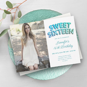 Photo Teal Turquoise White Balloons Sweet 16  Invitation