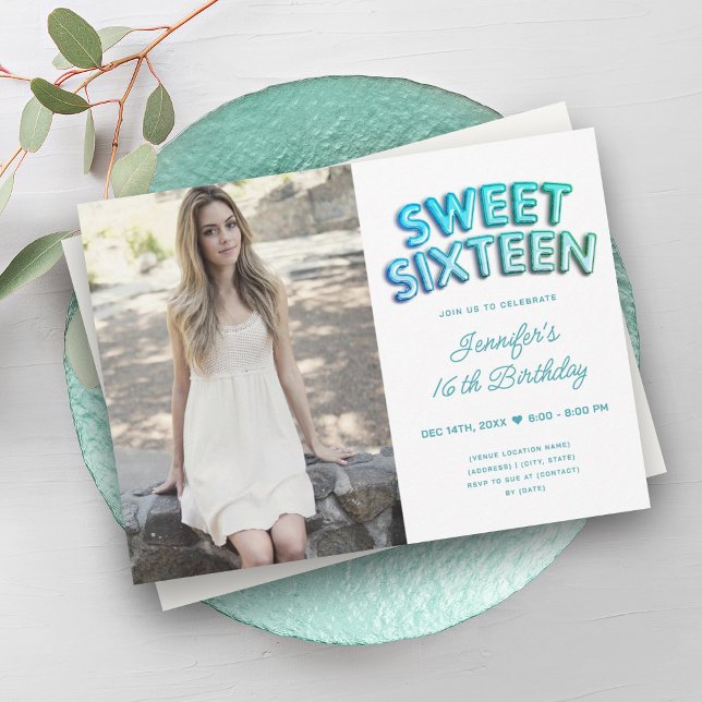 Photo Teal Turquoise White Balloons Sweet 16  Invitation (Photo Teal Turquoise White Balloons Sweet 16 Invitation)