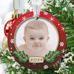 Photo Template | Baby's 1st Christmas (Red) Ornament<br><div class="desc">Adorably cute photo frame ornament to celebrate baby's first Christmas.  Red background with snowflakes and holly.</div>