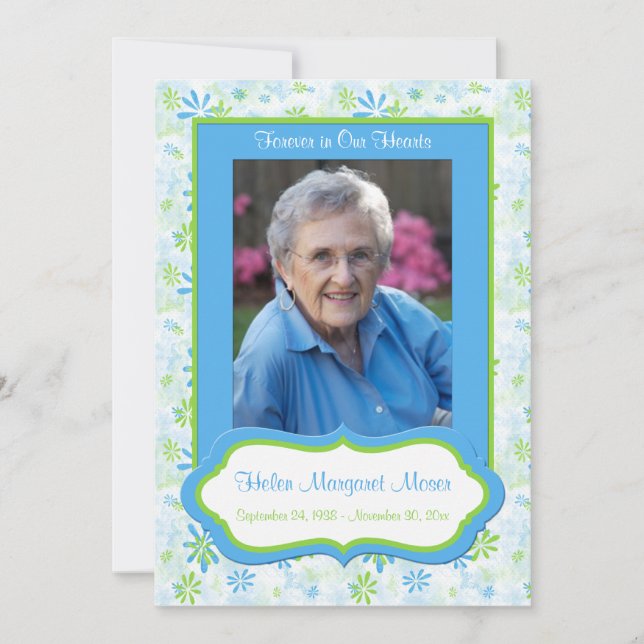 Photo Template | Blue, Green Floral Memorial Card (Front)