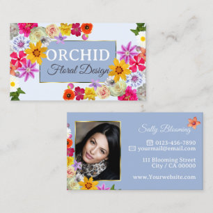 Photo Template Elegant Wildflowers Gold Light Blue Business Card
