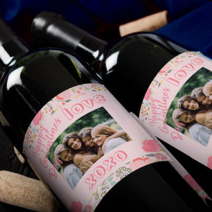 Photo template pink floral Happy Galentines Day Wine Label