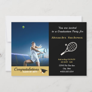 Photo Tennis player Black Gold White graduation Invitation
