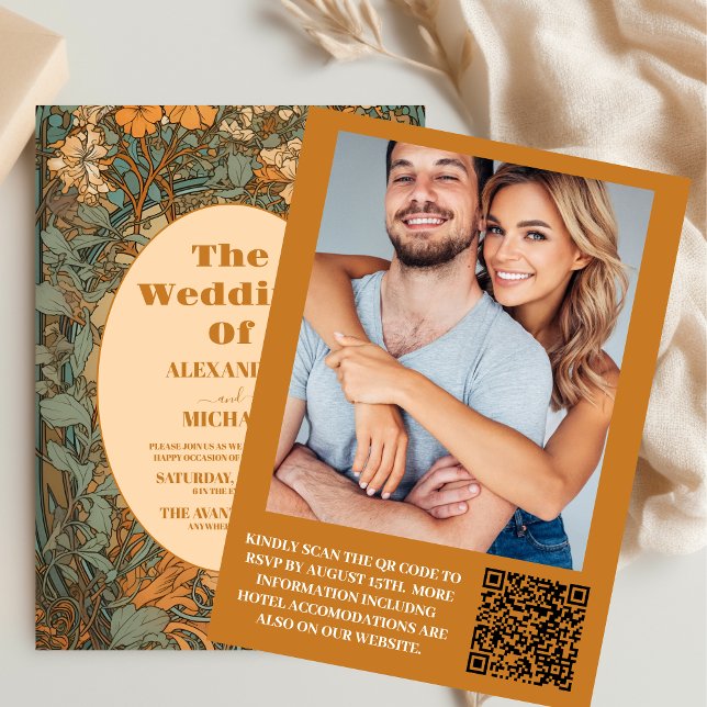 Photo Terracotta Floral Art Nouveau Wedding Invitation (Creator Uploaded)