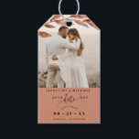 Photo, Terracotta Leaves Wedding Save the Date  Gift Tags<br><div class="desc">Delight your guests announcing your wedding date with a gift; they will love hearing the news and enjoy the nice detail! Photo gift tag with attractive watercolor terracotta leaves photo overlay on the top framing your photograph. Terracotta section on the bottom with modern hand written calligraphy details, and your names...</div>