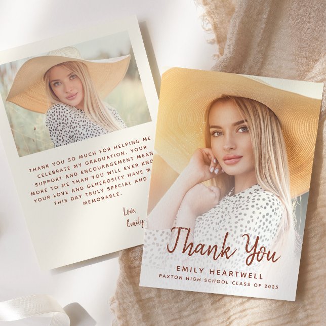 Photo Terracotta Script Grad Thank You Card (Creator Uploaded)