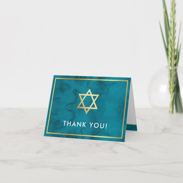 PHOTO THANK YOU bar mitzvah gold star teal blue Card (Front)