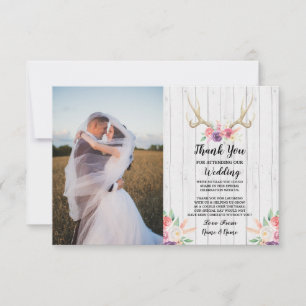Photo Thank You Card Wedding Antler Floral Wood