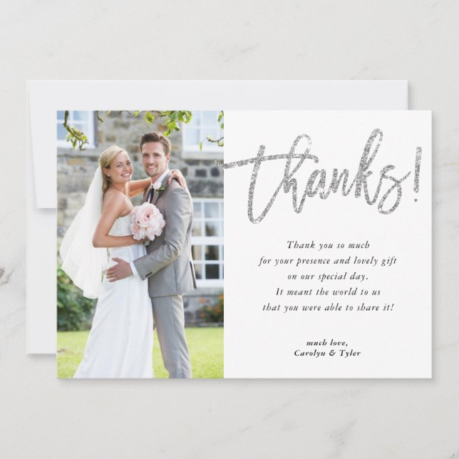 PHOTO THANK YOU modern glam silver glitter script Card (Front)
