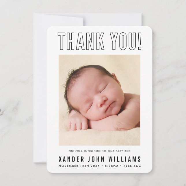 PHOTO THANK YOU modern new baby minimal outline  Card (Front)