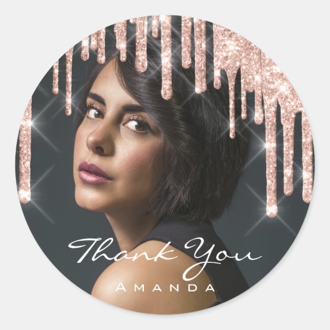 Photo Thank You Name Birthday Party Rose Glitter Classic Round Sticker (Front)