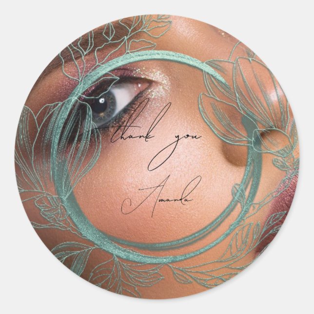 Photo Thank You Name Magnolia Floral Frame Teal Classic Round Sticker (Front)