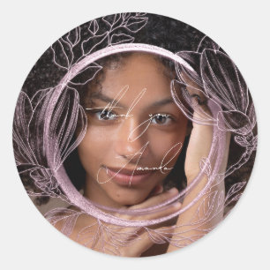 Photo Thank You Name Magnolia Floral Garden Pink Classic Round Sticker