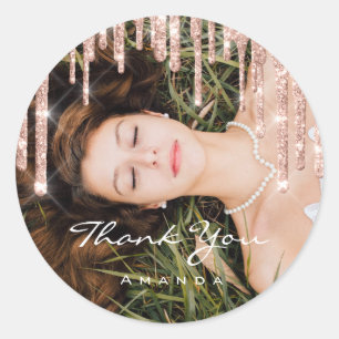 Photo Thank You Name Wedding Favour Rose Glitter Classic Round Sticker