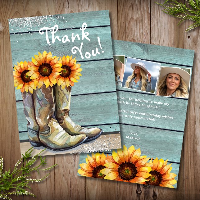 Photo Thank You Rustic Country Sunflower Boots Card (Creator Uploaded)