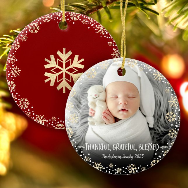 Photo Thankful Grateful Blessed Snowflake Holiday Ceramic Ornament (Creator Uploaded)