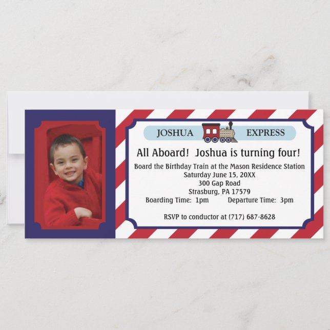 Photo Train Ticket - Red Stripes Invitation (Front)