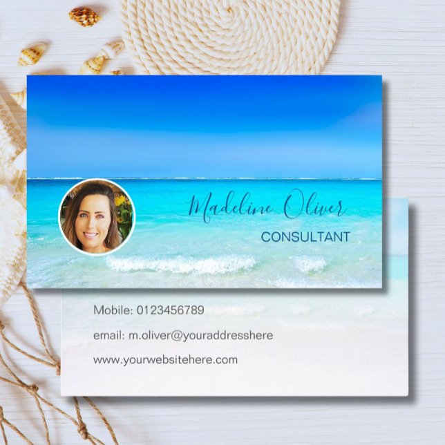 Photo Travel Professional Ocean Beach Sea Blue  Business Card (Creator Uploaded)