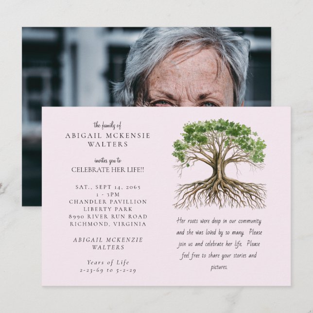 Photo Tree Deep Roots Pink Celebration of LIfe Invitation (Front/Back)