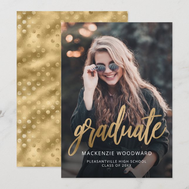 Photo Trendy Gold Script Graduation Announcement (Front/Back)