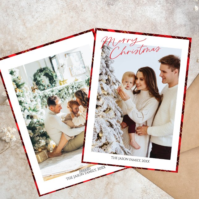 Photo Trendy  Minimalist Plaid Gingham Xmas tree Holiday Card (Creator Uploaded)