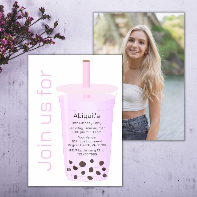 Photo Trendy Modern Lavender Boba Tea Birthday Invitation (Creator Uploaded)