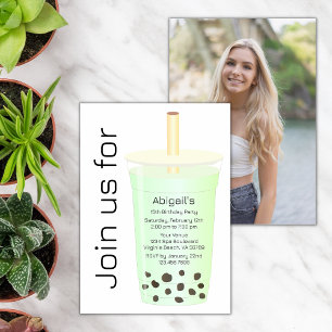 Photo Trendy Modern Light Green Boba Tea Birthday Invitation