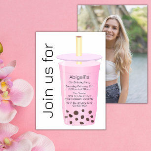 Photo Trendy Modern White Pink Boba Tea Birthday Invitation