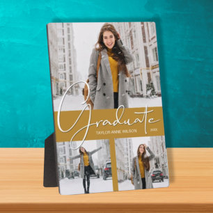 Photo Trio Collage on Gold Graduation Plaque