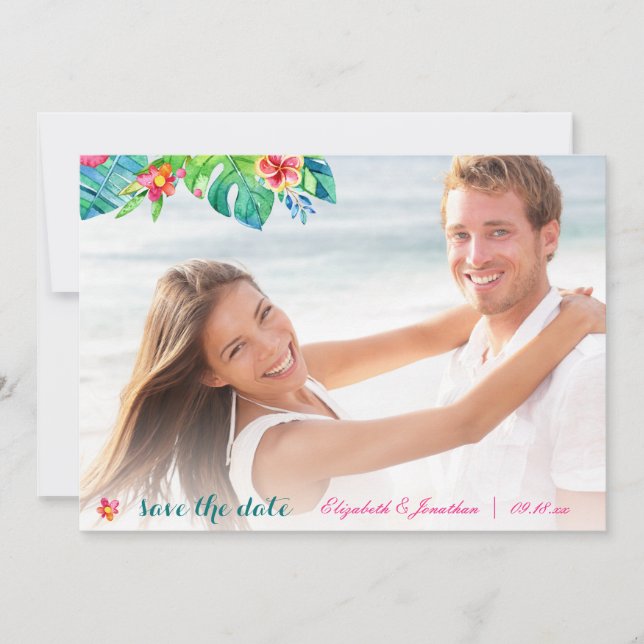 Photo Tropical Beach Berry Pink Teal Floral Ombre Save The Date (Front)