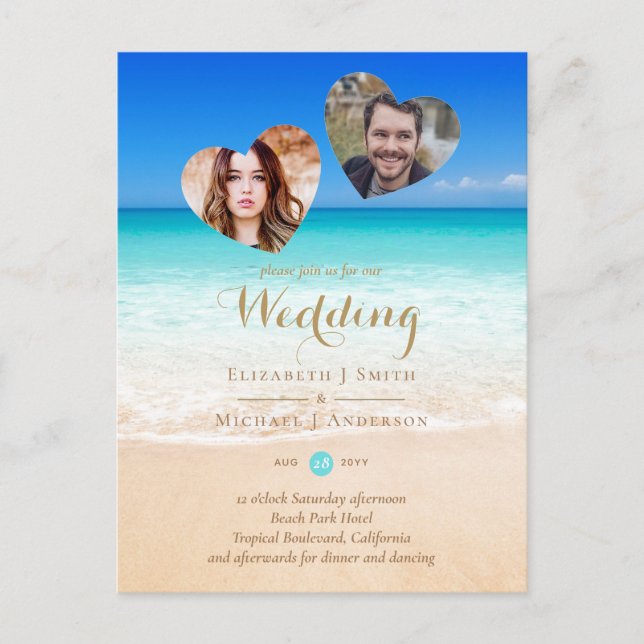 PHOTO Tropical Beach Hearts Sand Sea Save the Date Postcard (Front)