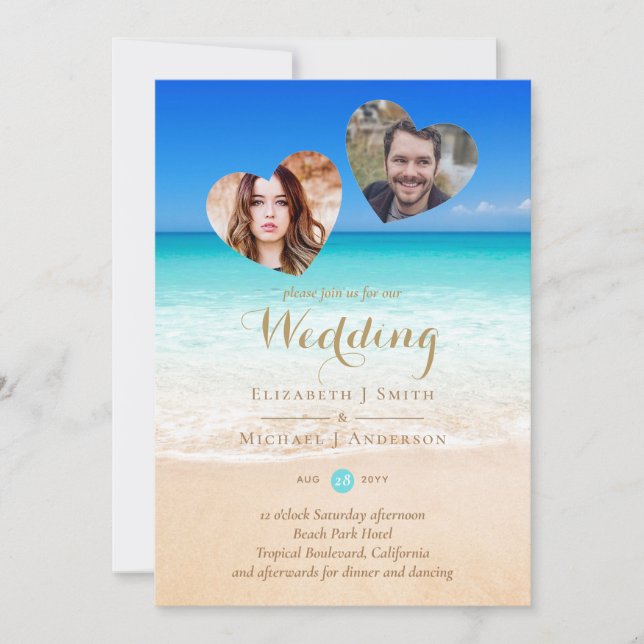 PHOTO Tropical Beach Hearts Sand Sea Wedding Inv (Front)