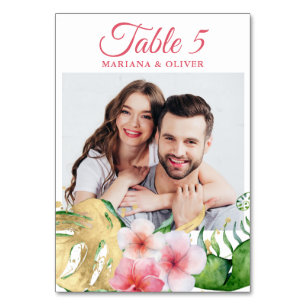 Photo Tropical Flowers Palms Gold Floral Wedding Table Number