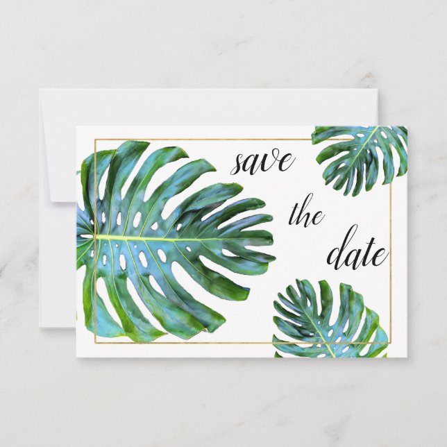 Photo Tropical Leaf Greenery Gold Save The Date (Front)