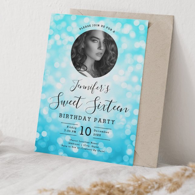PHOTO Turquoise Bokeh Lights Sweet 16 Party Invitation (PHOTO Turquoise Bokeh Lights Sweet 16 Party Invitation)