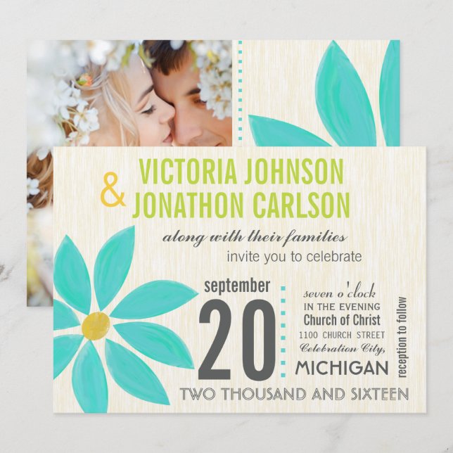 Photo Turquoise Stylised Daisy Wedding Invitations (Front/Back)